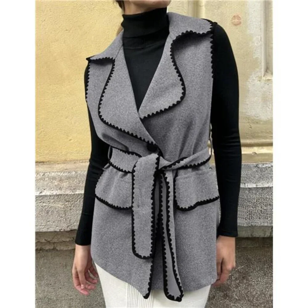Women's Fall Tweed Vest Jackets Sleeveless Lapel Button Front Belt Cardigan_3